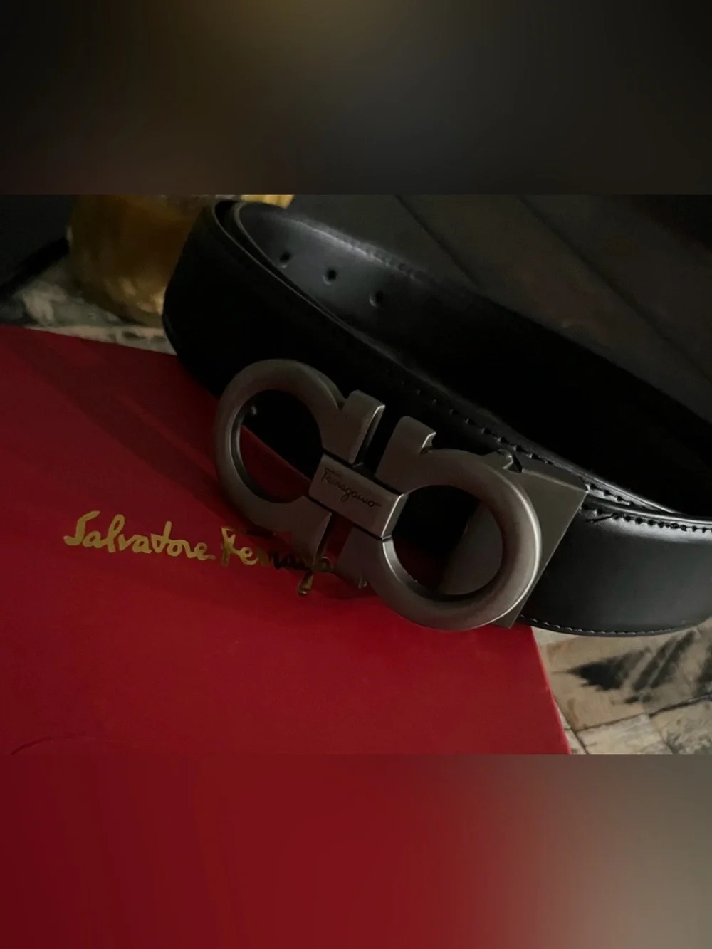 Salvatore Ferragamo Black Leather Belt with Gunmetal Gancini Buckle